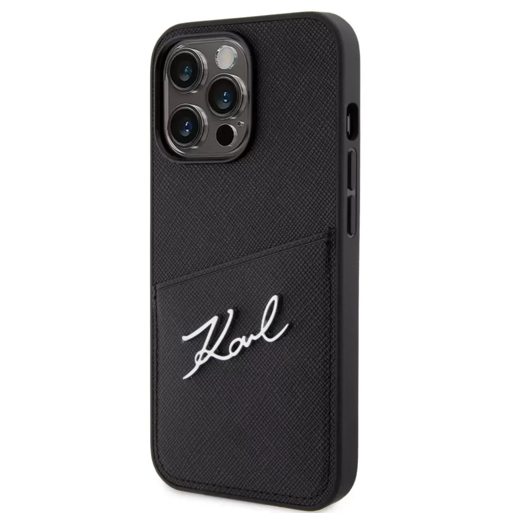 KARL LAGERFELD Saffiano Metal Signature Cardslot Műanyag hátlap védőtok + szilikon keret Apple iPhone 13 Pro fekete