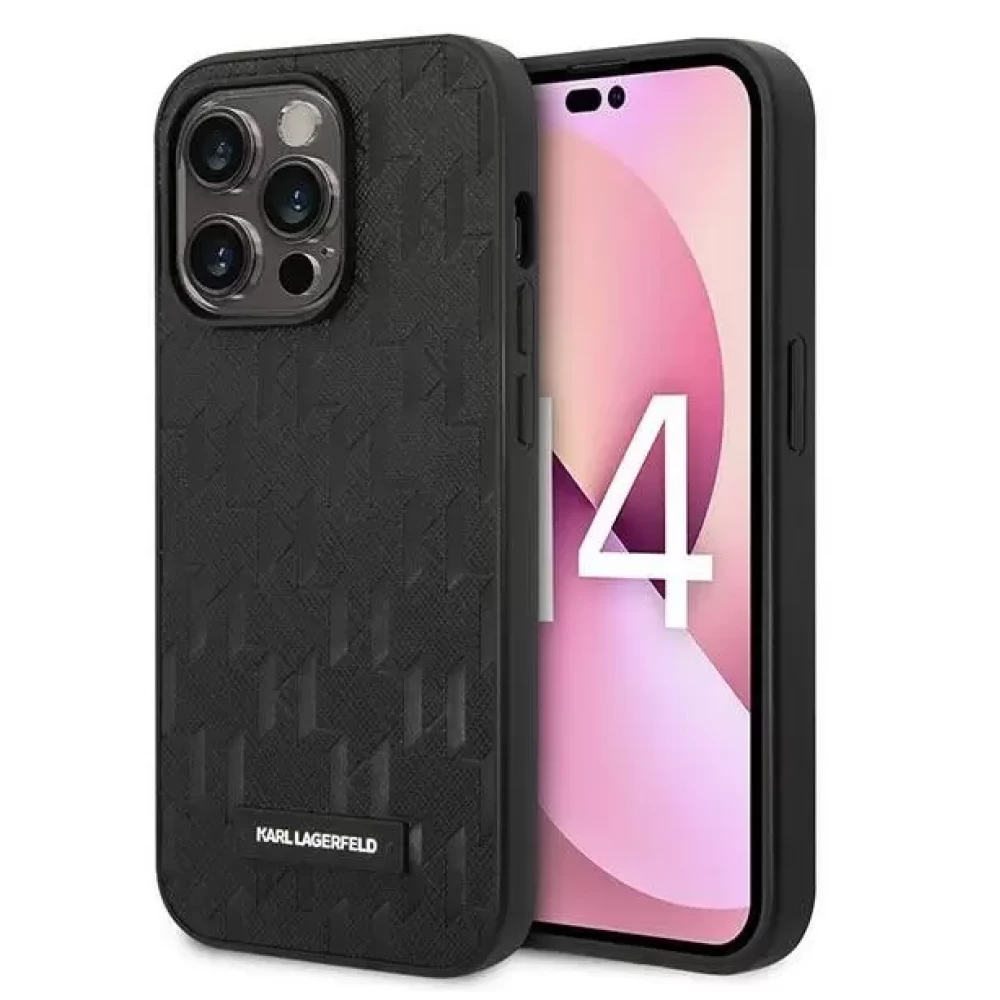 KARL LAGERFELD Saffiano Mono Metal Logo bőrhatású hátlap tok Apple iPhone 14 Pro fekete
