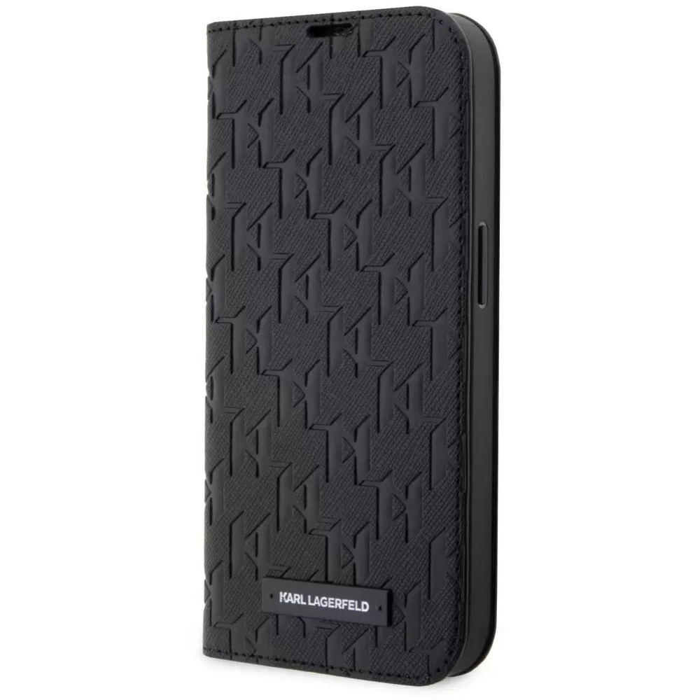 KARL LAGERFELD Saffiano Monogram oldalra nyitható tok iPhone 14 Pro fekete