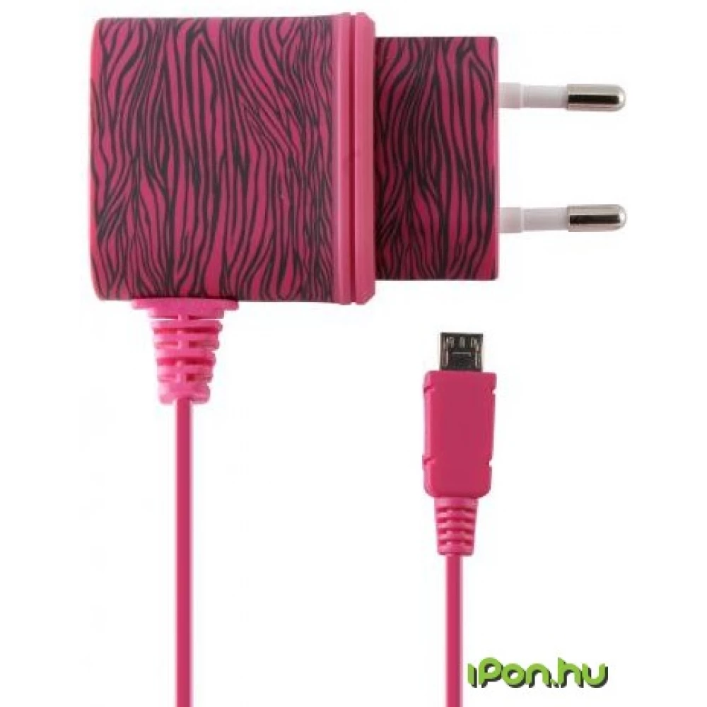 KSIX Micro USB hálózati töltő 1A zebra rózsaszín