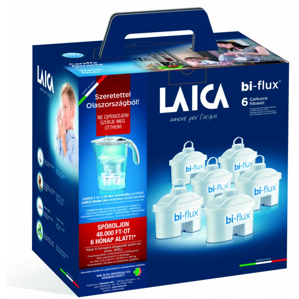 LAICA J996050 6 db-os bi-flux univerzális szűrőbetét Stream Line fehér mechanikus vízszűrő kancsóval ajándékszett