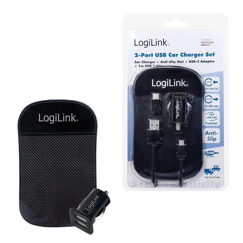 LOGILINK Autós töltő 2xUSB 10.5W + csúszásgátló szőnyeg fekete