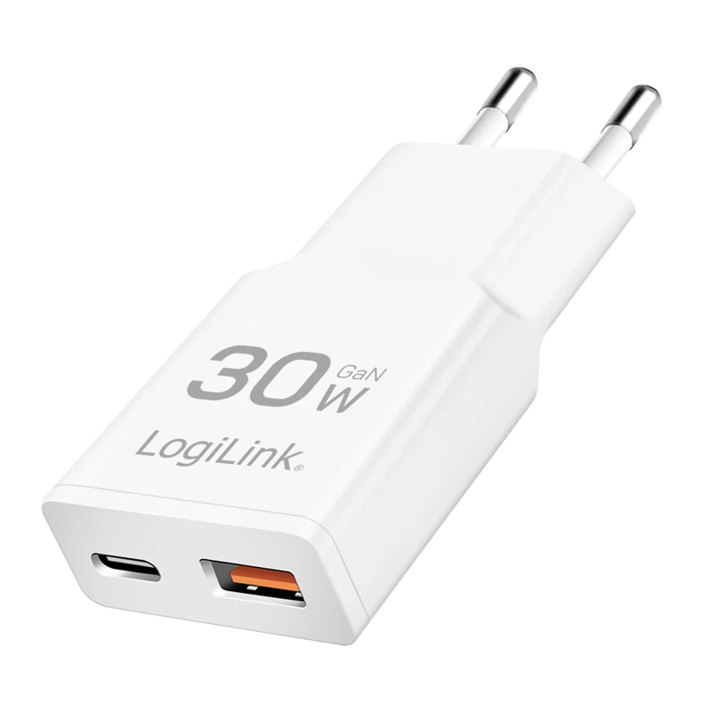 LOGILINK Dual-USB-C GaN charger 1x USB-C (PD) 1x USB-A (QC) 30 W fehér