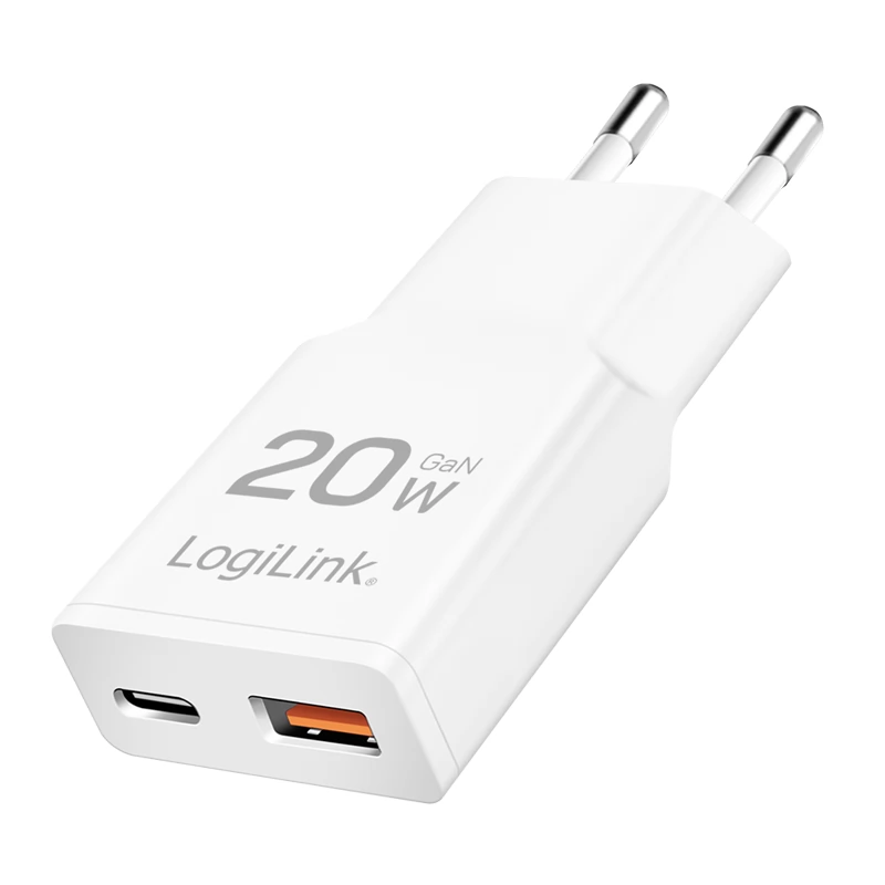 LOGILINK Dual-USB GaN charger 1x USB-C (PD) 1x USB-A (QC) 20 W fehér