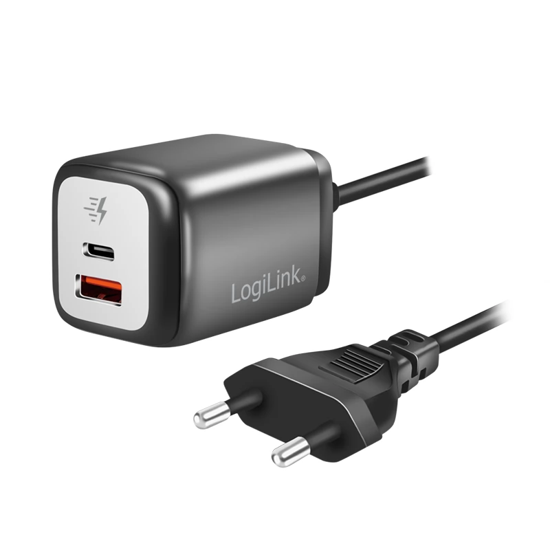 LOGILINK Dual USB power socket adapter GaN 1x USB-A 1x USB-C 30 W fixed cable