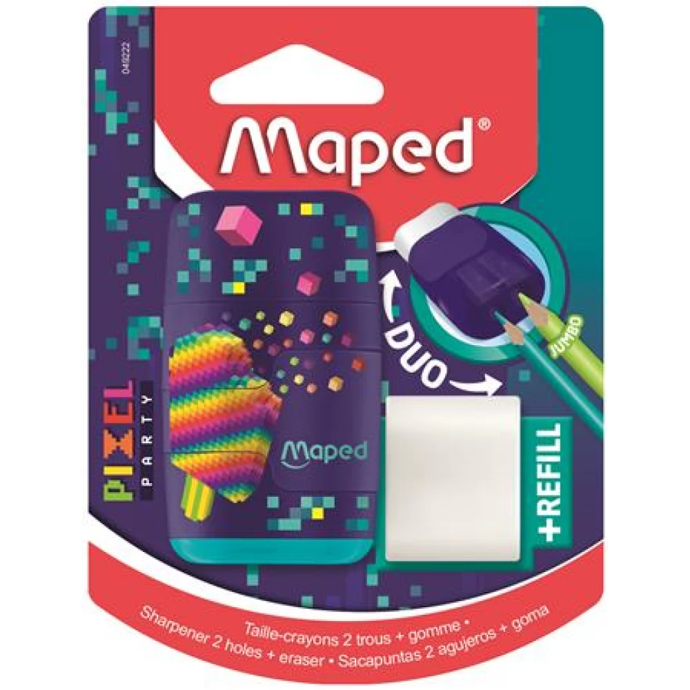 MAPED Pixel Party Connect Hegyező és radír kétlyukú tartályos pótradírral