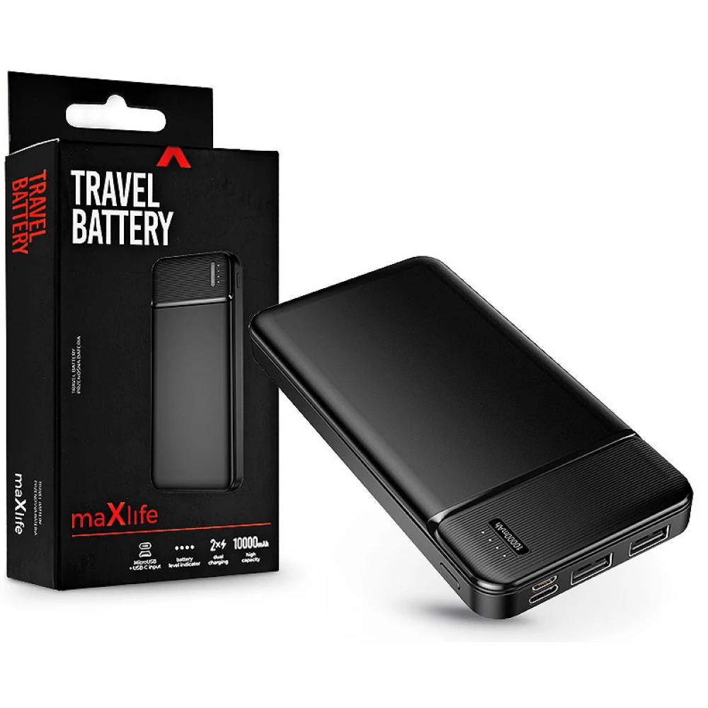 Maxlife MXPB-01 Power Bank 2xUSB + microUSB + Type-C 10.000 mAh fekete