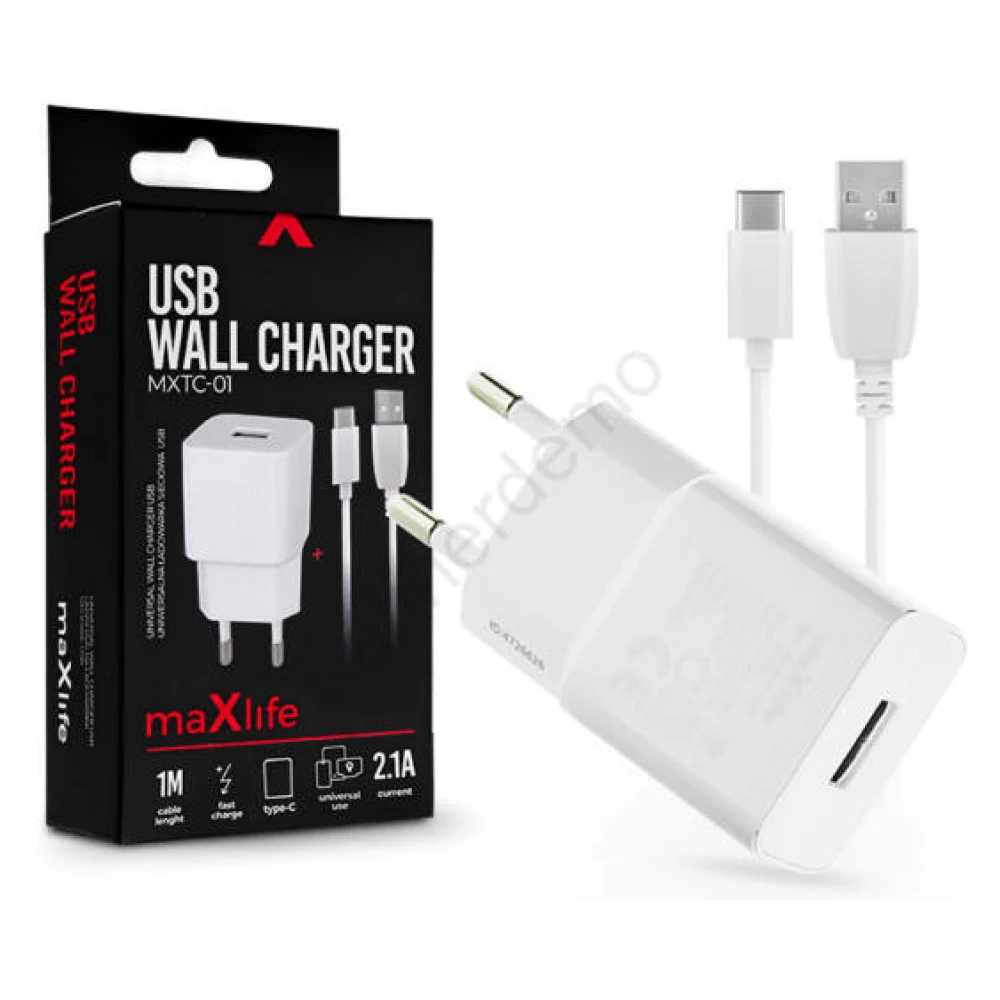 Maxlife MXTC-01 hálózati töltő adapter + USB Type-C adatkábel 1m 10W fehér