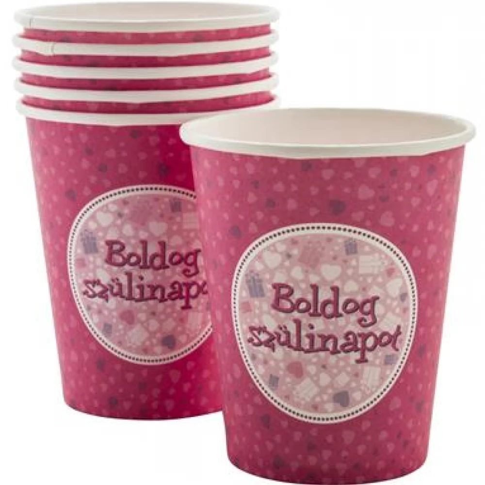 Papír pohár Boldog Születésnapot elegáns 2dl rózsaszín