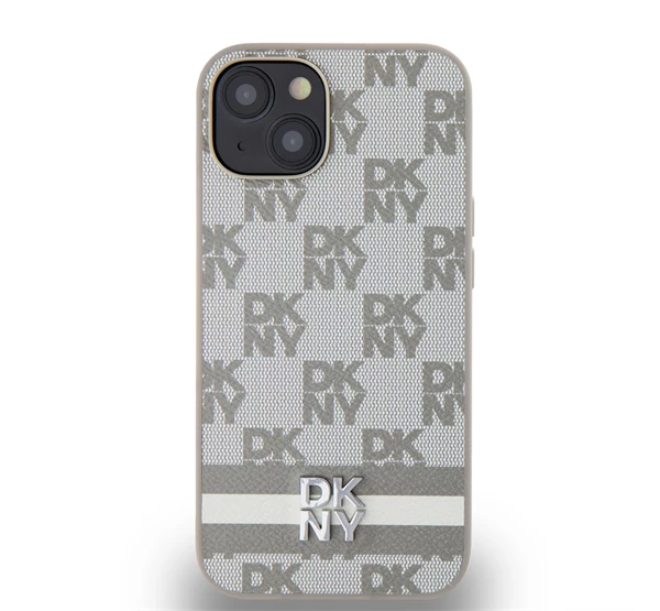 PU Leather Checkered Pattern and Stripe Apple iPhone 14 hátlap tok bézs