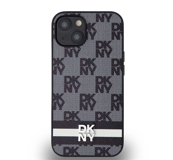 PU Leather Checkered Pattern and Stripe Apple iPhone 14 hátlap tok fekete