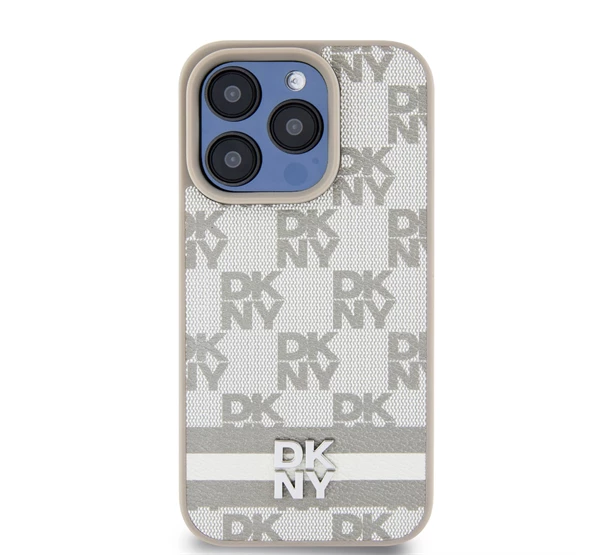 PU Leather Checkered Pattern and Stripe Apple iPhone 15 Pro tok bézs