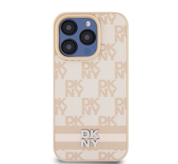PU Leather Checkered Pattern and Stripe iPhone 13 Pro hátlap tok rózsaszín