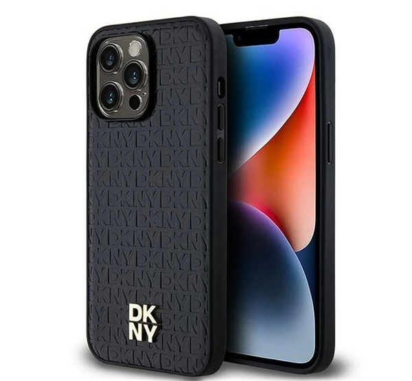 PU Leather Repeat Pattern Stack Logo iPhone 14 Pro Max Magsafe hátlap tok fekete