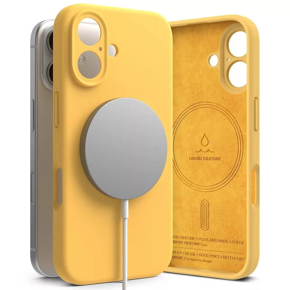 RINGKE Silicone Magnetic szilikon tok mikrofiber belső Magsafe kompatibilis Apple iPhone 16 sárga