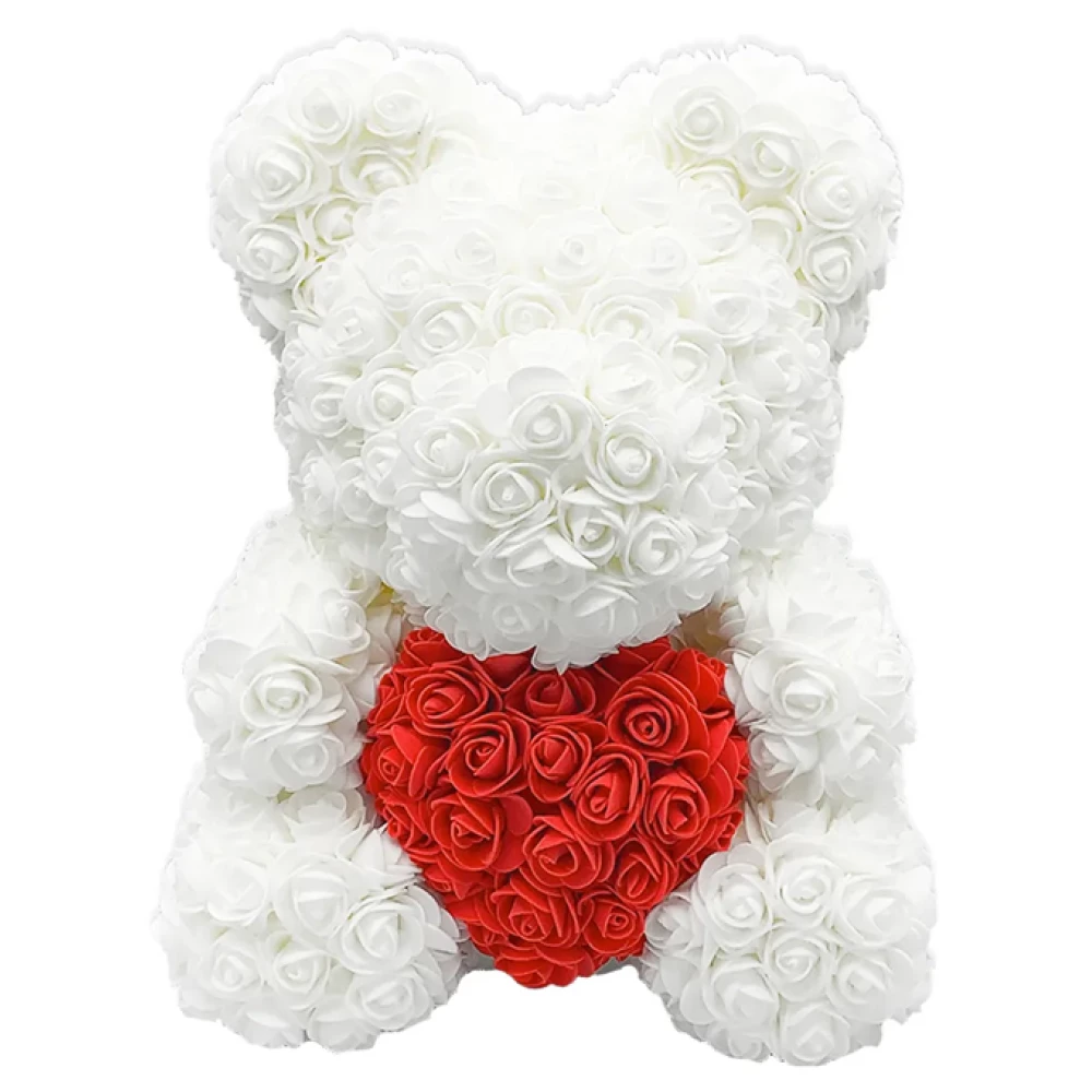 Rózsa maci - Fehér piros szívvel szívvel 40cm