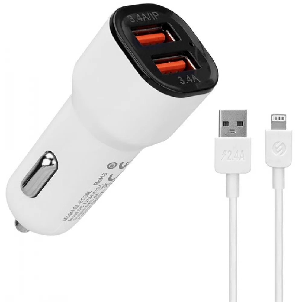 S-LINK EC30L Autós töltő 2xUSB + Lightning kábel fehér
