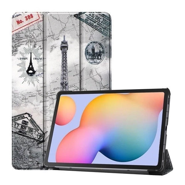 SAMSUNG  Galaxy Tab S6 Lite 10.4 SM-P610 / P615 mappa tok Eiffel torony térkép minta Trifold szürke