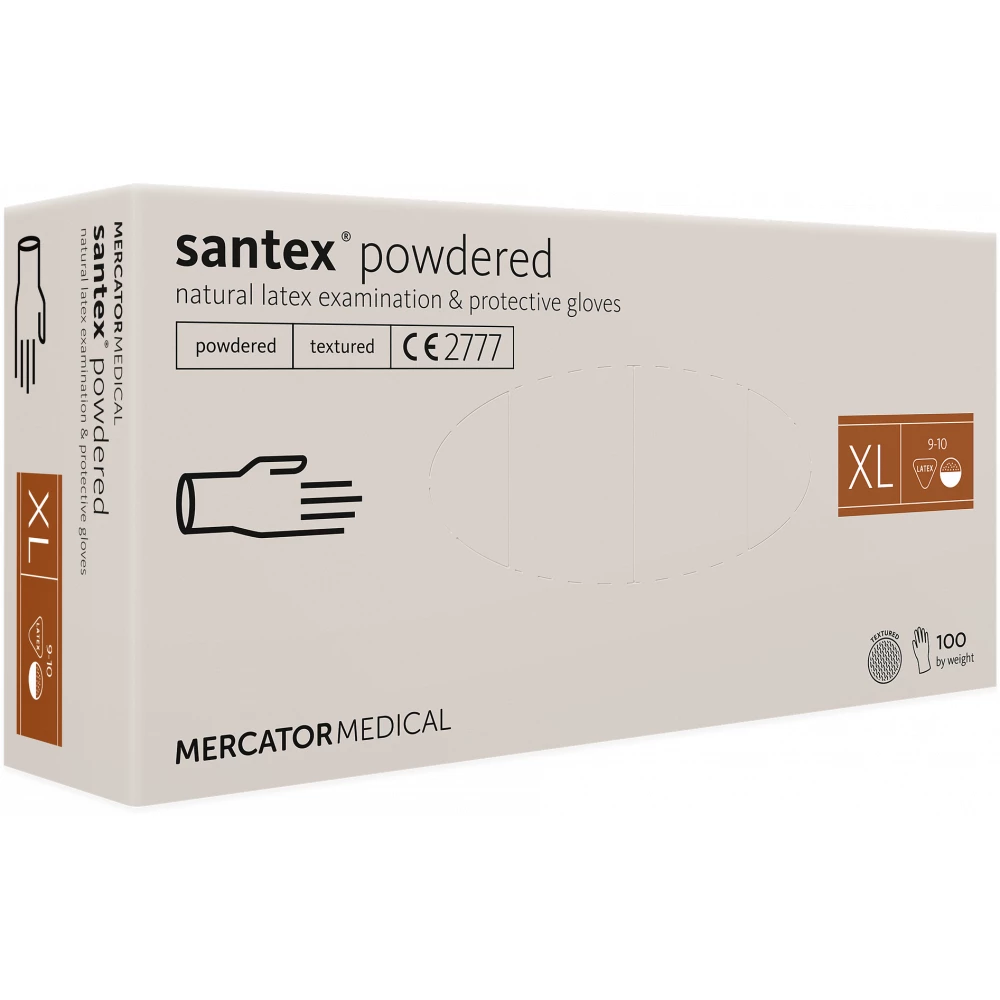Santex rugalmas latex púderezett tejfehér orvosi kesztyű 5.0g - 100 db XL méret