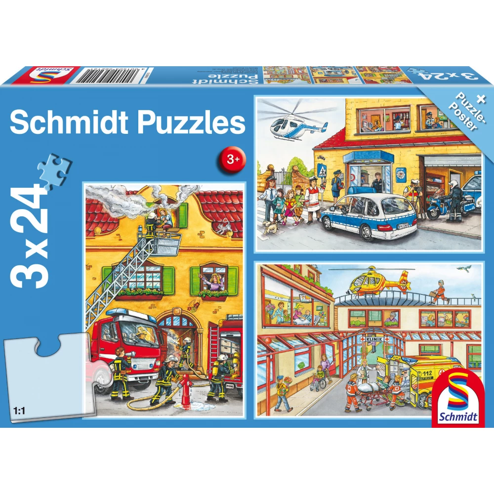 SCHMIDTSPIELE 56215 Tűzoltók és rendőrök 3x24db-os puzzle