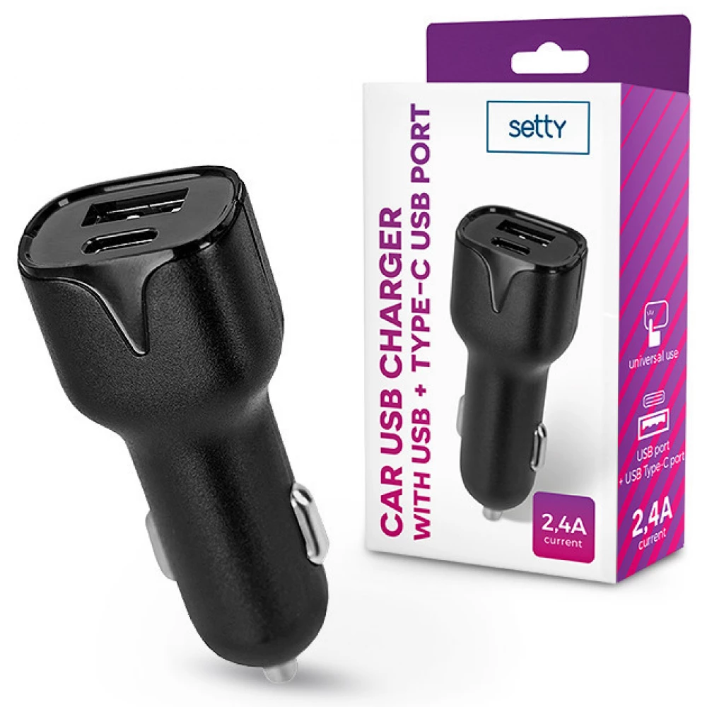 Setty autós töltő 1xUSB 1xUSB-C 2.4A fekete
