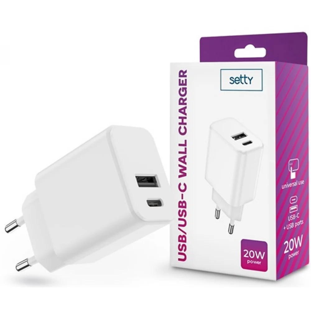 Setty hálózati töltő adapter Type-C + USB bemenettel - 20W fehér
