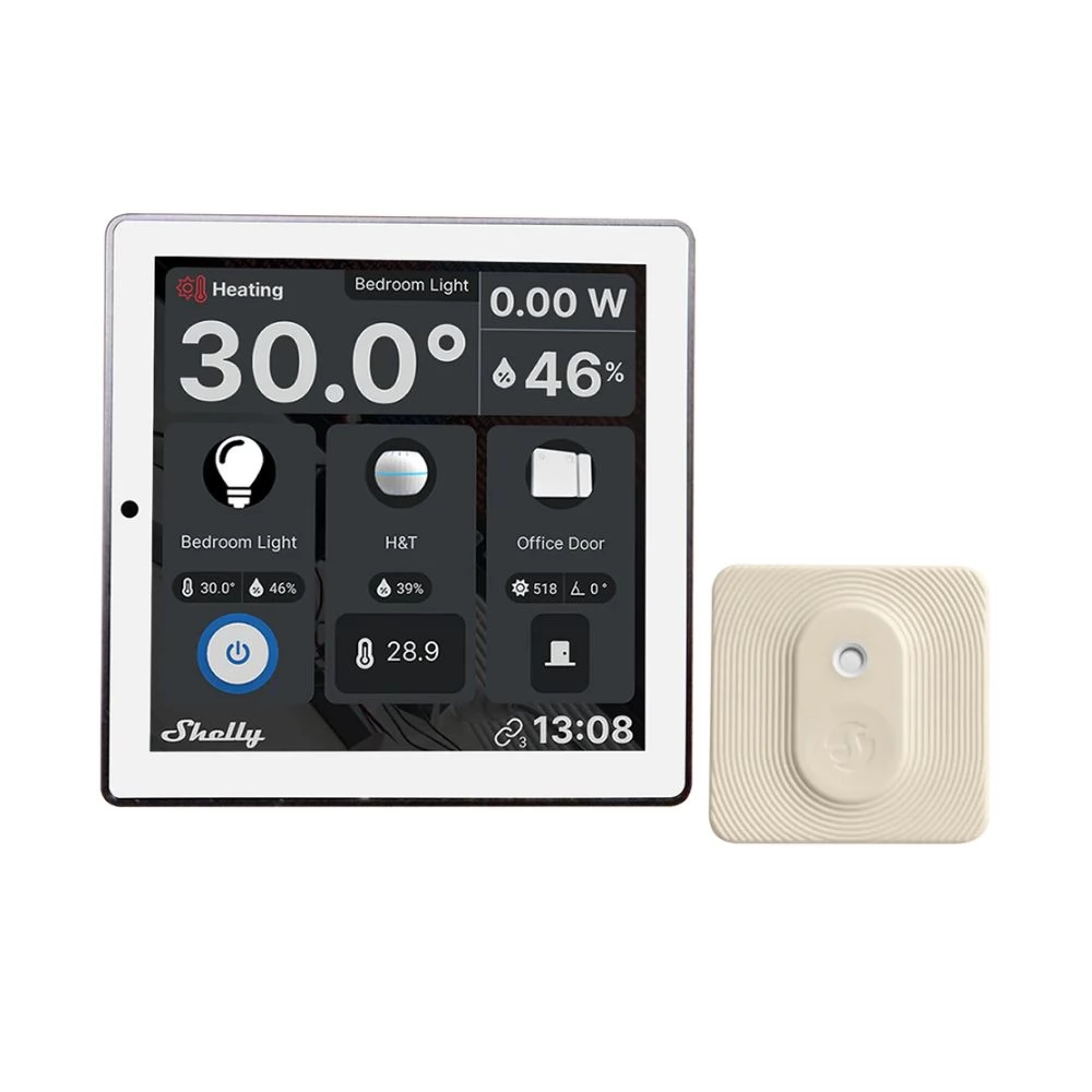 SHELLY Wall Display Wi-Fi+Bluetooth villanykapcsoló + színes érintőképernyős vezérlőpanel (fehér) + Shely BLU H&T hőmérséklet és pára érzékelő