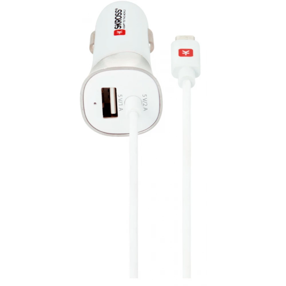 SKROSS Autós töltő 1xUSB kimenet 3A fix microUSB kábel fehér