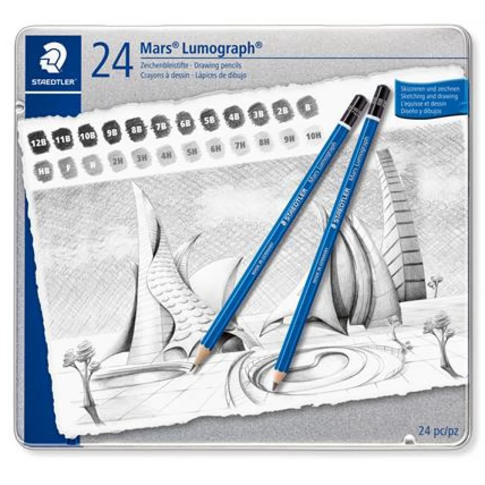 STAEDTLER Mars Lumograph 100 Grafitceruza készlet fém doboz hatszögletű 24 különböző keménység