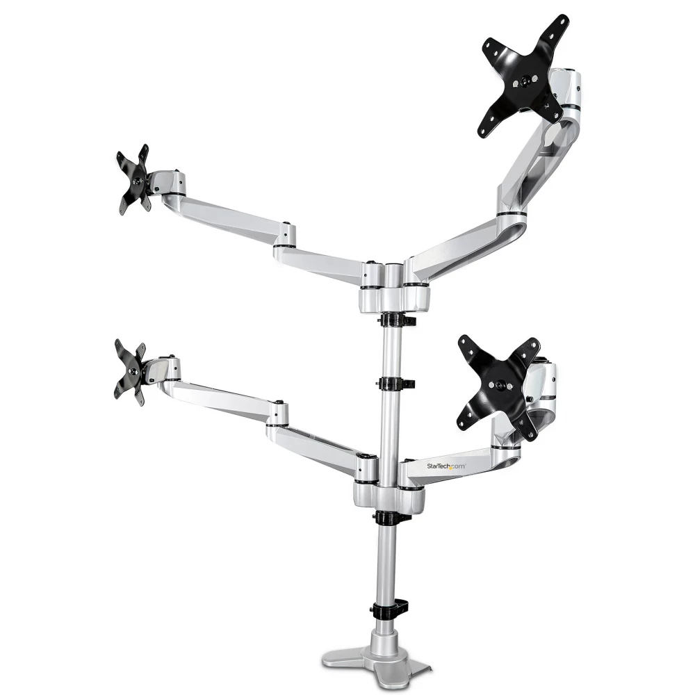 STARTECH Desk Mount Quad Monitor Arm – Premium Articulating VESA 4 Monitor Mount 2x2 up to 27" – Ergonomic Height Adjustable Pole Mount - Tilt/Swivel/Rotate - C-Clamp/Grommet