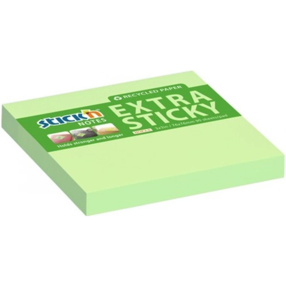 STICKN 21602 ExtraSticky Recycled 76x76mm 90lap újrahasznosított jegyzettömb pasztell zöld