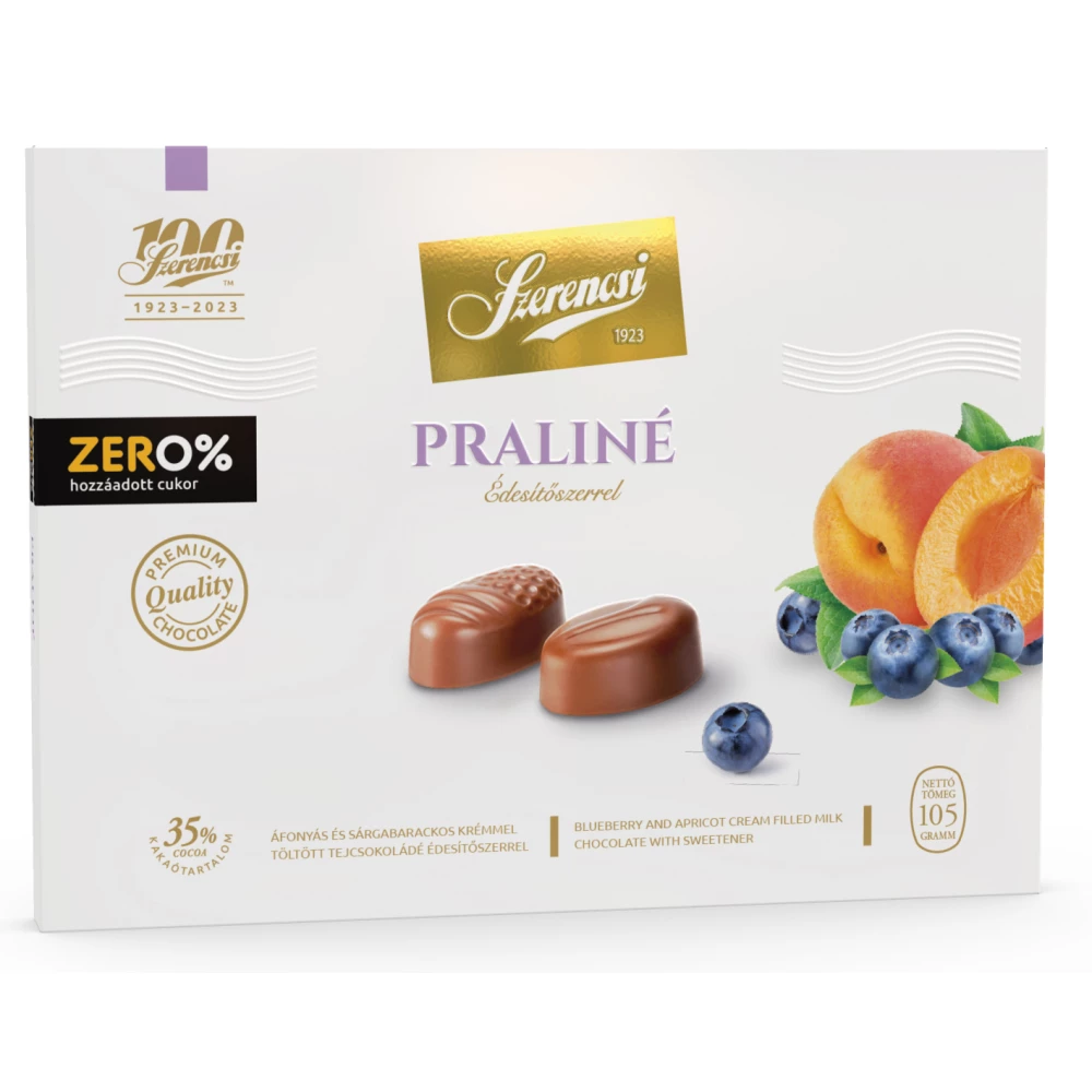 Szerencsi zero praliné áfonya és sárgabarack töltött maltitos tejcsokoládé 105 g