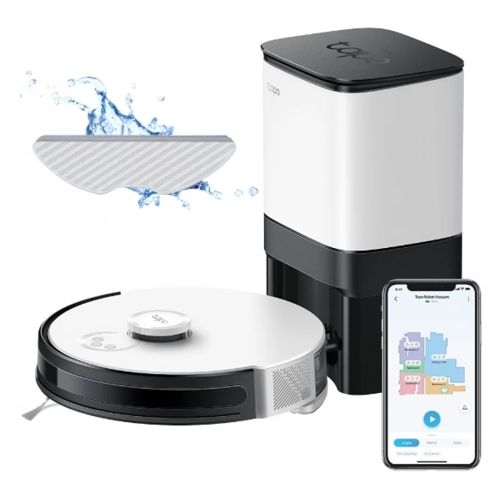 TAPO RV30 PLUS Robotporszívó és felmosó LiDAR navigációs + intelligens automatikus ürítési dokkoló fehér / fekete