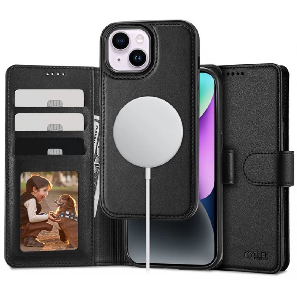 TECH-PROTECT Wallet flipes bőrtok + Magsafe hátlap Apple iPhone 15 fekete