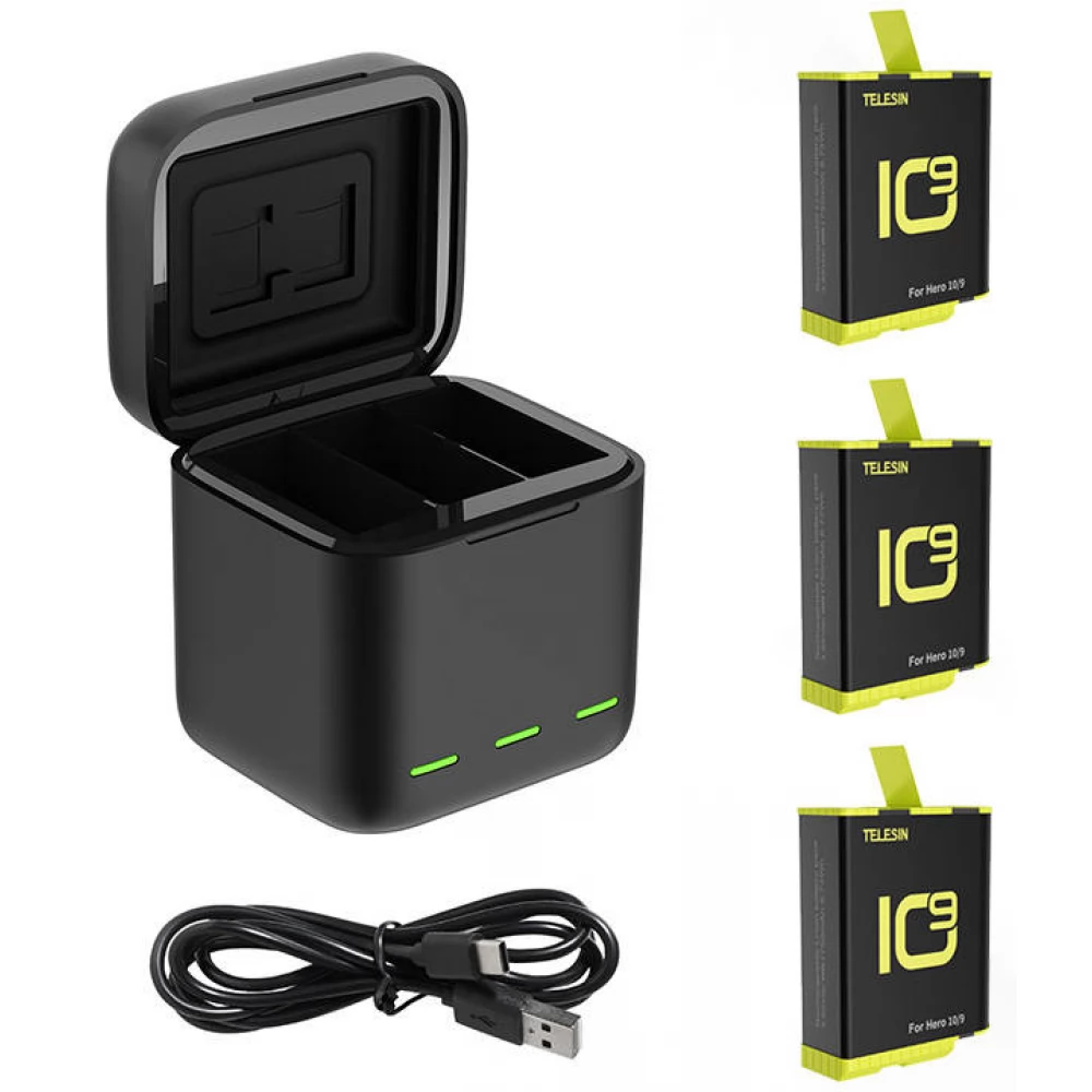 TELESIN GP-BNC-902-B 3 rekeszes töltő GoPro Hero 9 / Hero 10 + 3 db akkumulátor