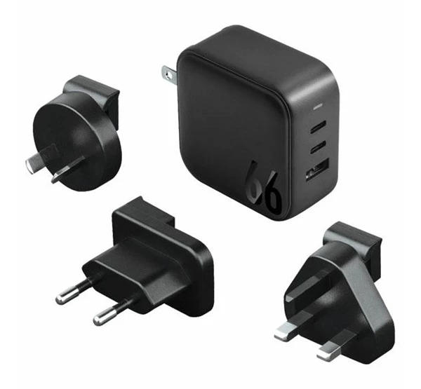 Travelite GAN66 1xUSB / 2xType-C utazó gyorstöltő adapter (PD-PPS-QC 3.0) 66W fekete (US/EU)