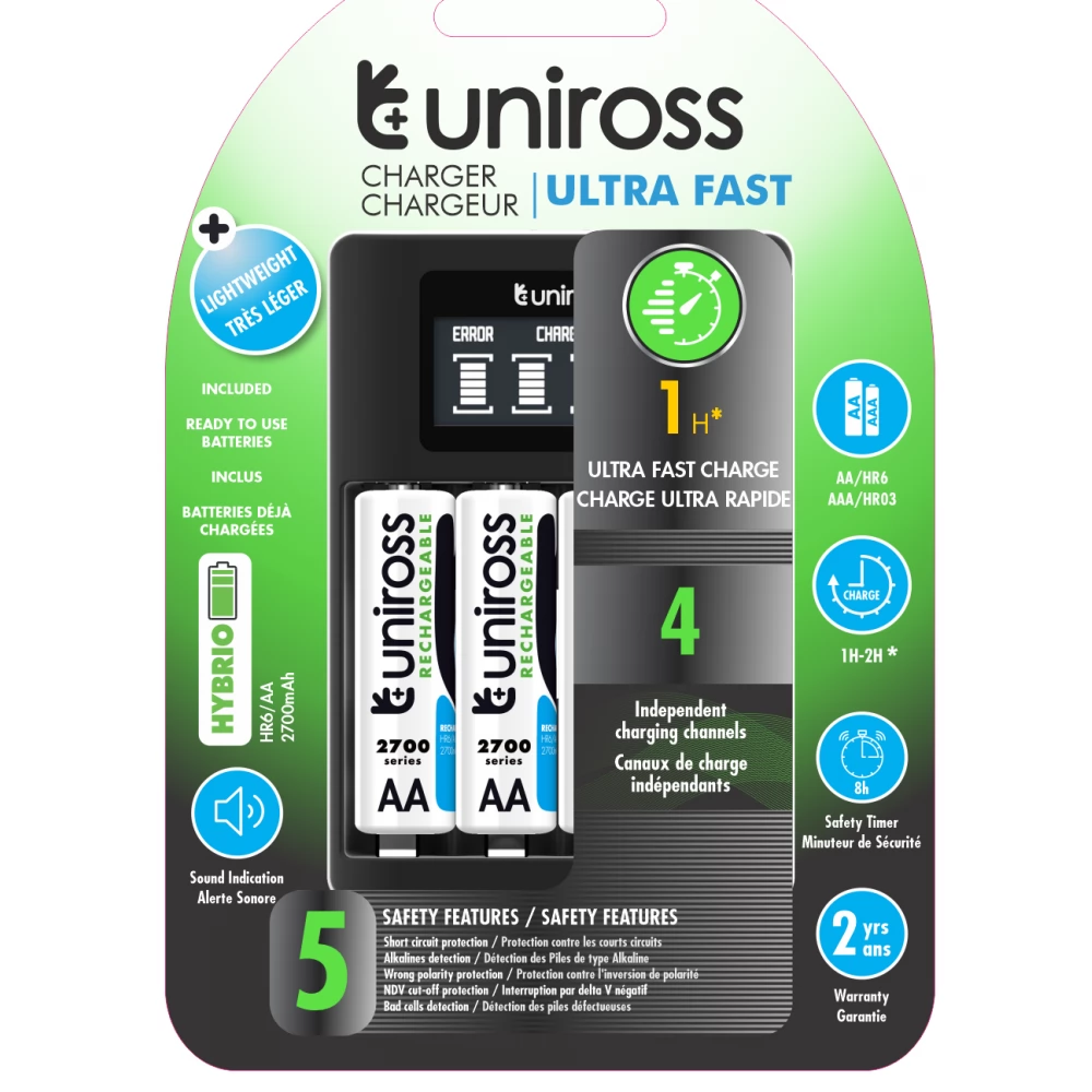 UNIROSS LCD gyorstöltő + Hybrio 4x2100mAh AA