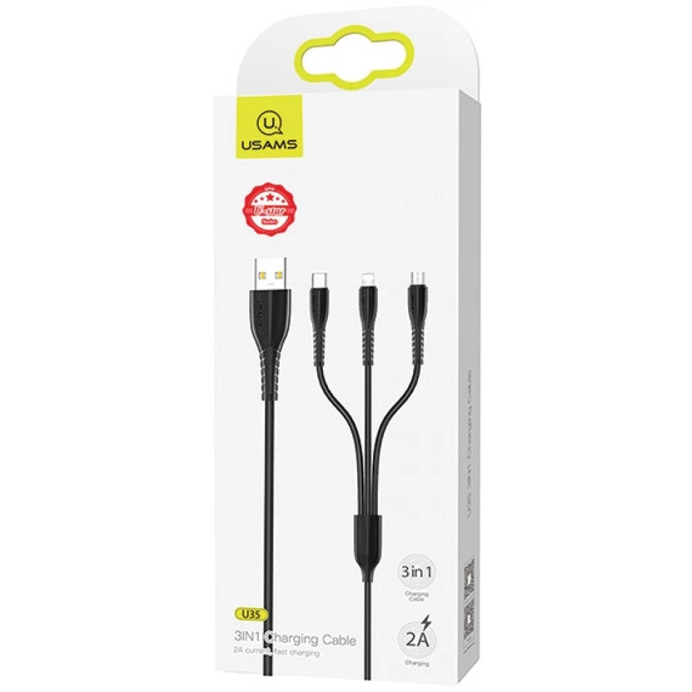 USAMS USB Lightning + Micro USB + USB Type C Átalakító Fekete 1m SJ367USB01