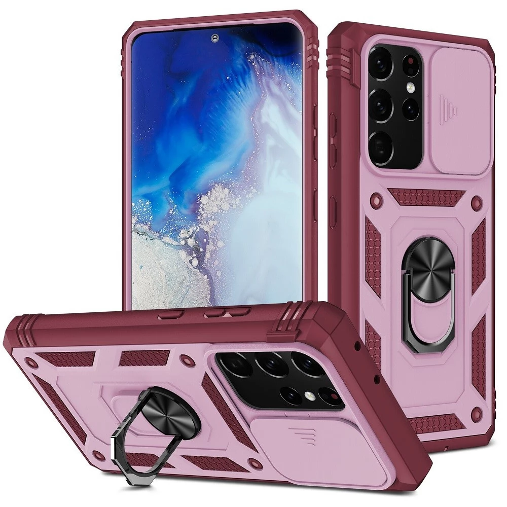 WOOZE Military Armor hátlap + előlapi keret + telefontartó gyűrű iPhone XS Max piros-rózsaszín