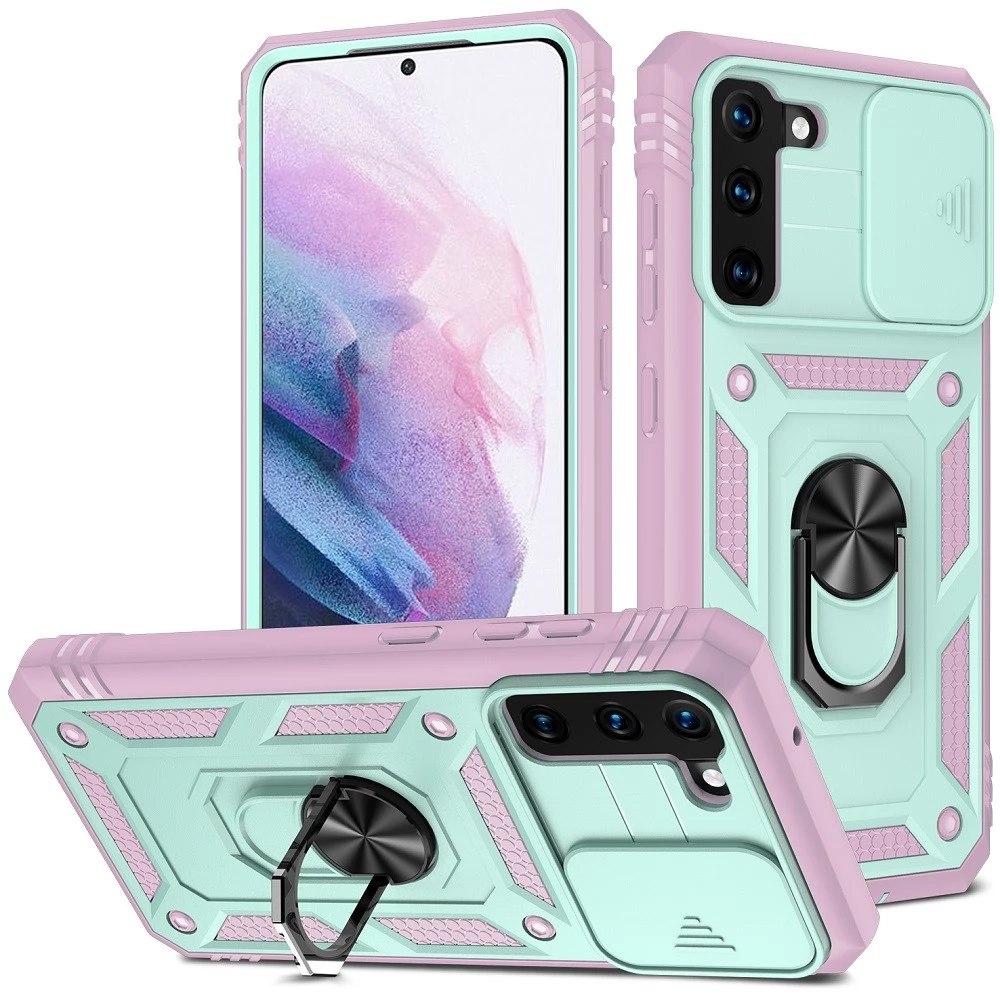 WOOZE Military Armor hátlap + előlapi keret + telefontartó gyűrű iPhone 11 Pro Max rózsaszín-zöld