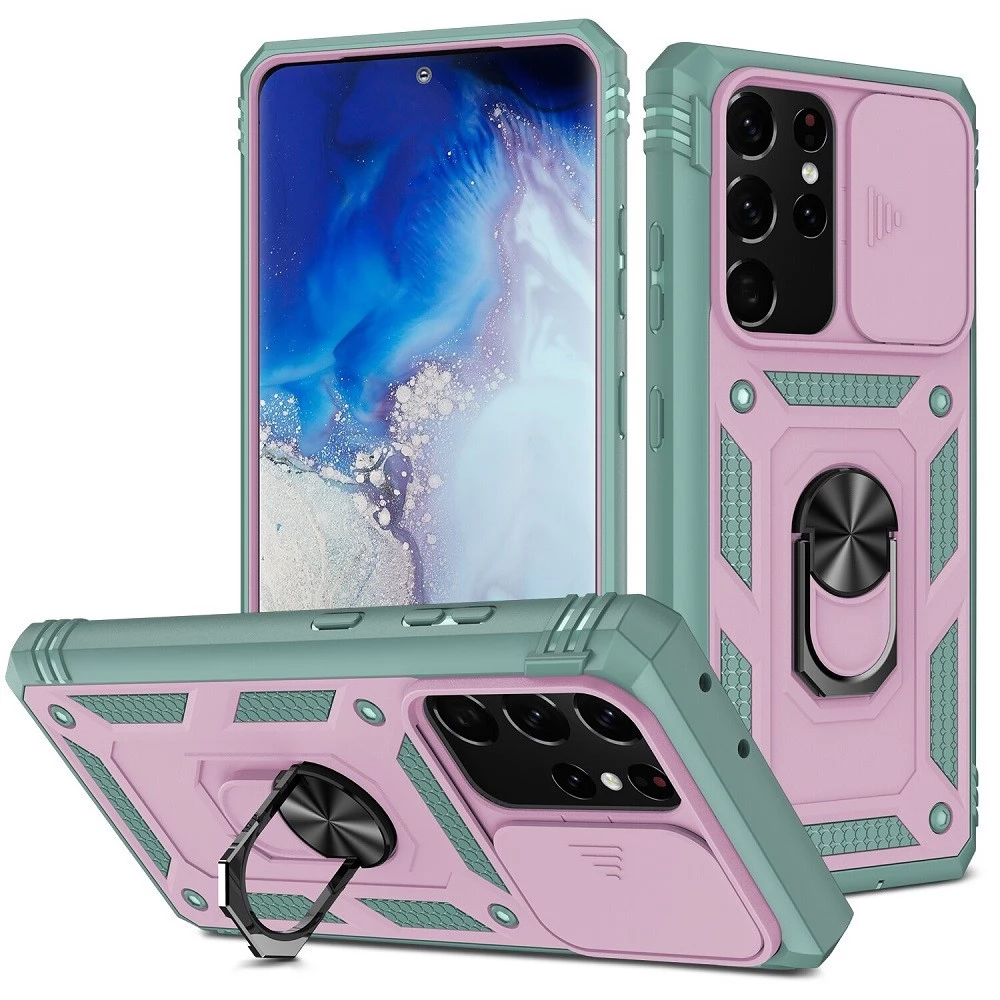 WOOZE Military Armor hátlap + előlapi keret + telefontartó gyűrű iPhone 12 Pro Max zöld-rózsaszín