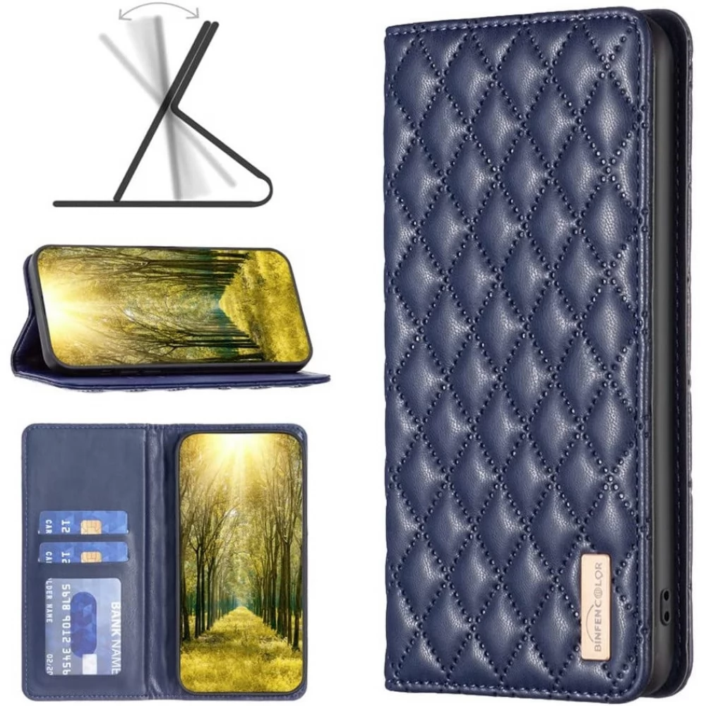 WOOZE Pillow oldalra nyíló tok stand kártyatartóval 3D rombusz minta Samsung Galaxy M23 5G SM-M236B kék
