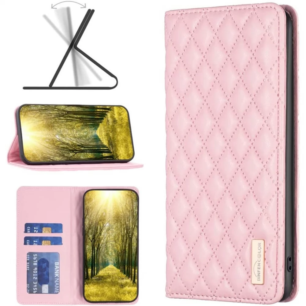 WOOZE Pillow oldalra nyíló tok stand kártyatartóval 3D rombusz minta Samsung Galaxy S22 Plus 5G SM-S906 rózsaszín