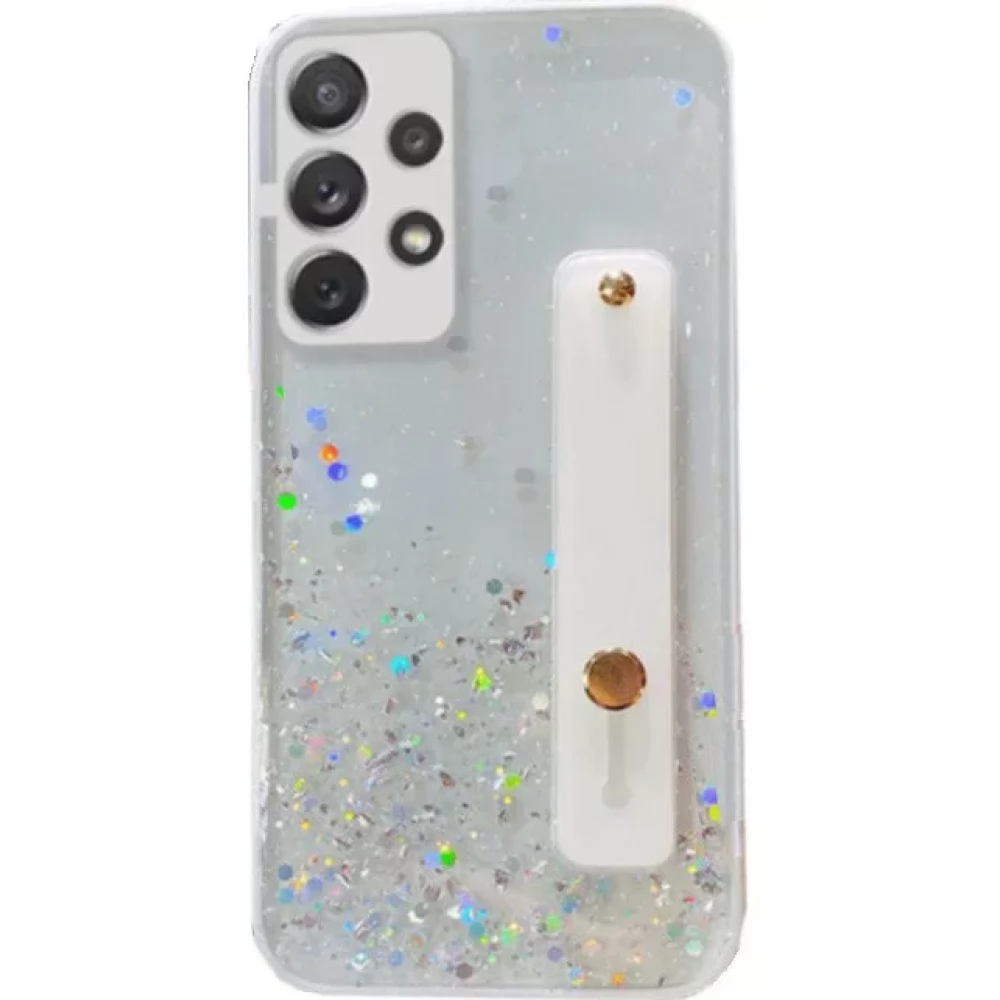 WOOZE Strap Star szilikon tok közepesen ütésálló kézpánttal Samsung Galaxy A02s / M02s színátmenetes csillogós mintás/fehér