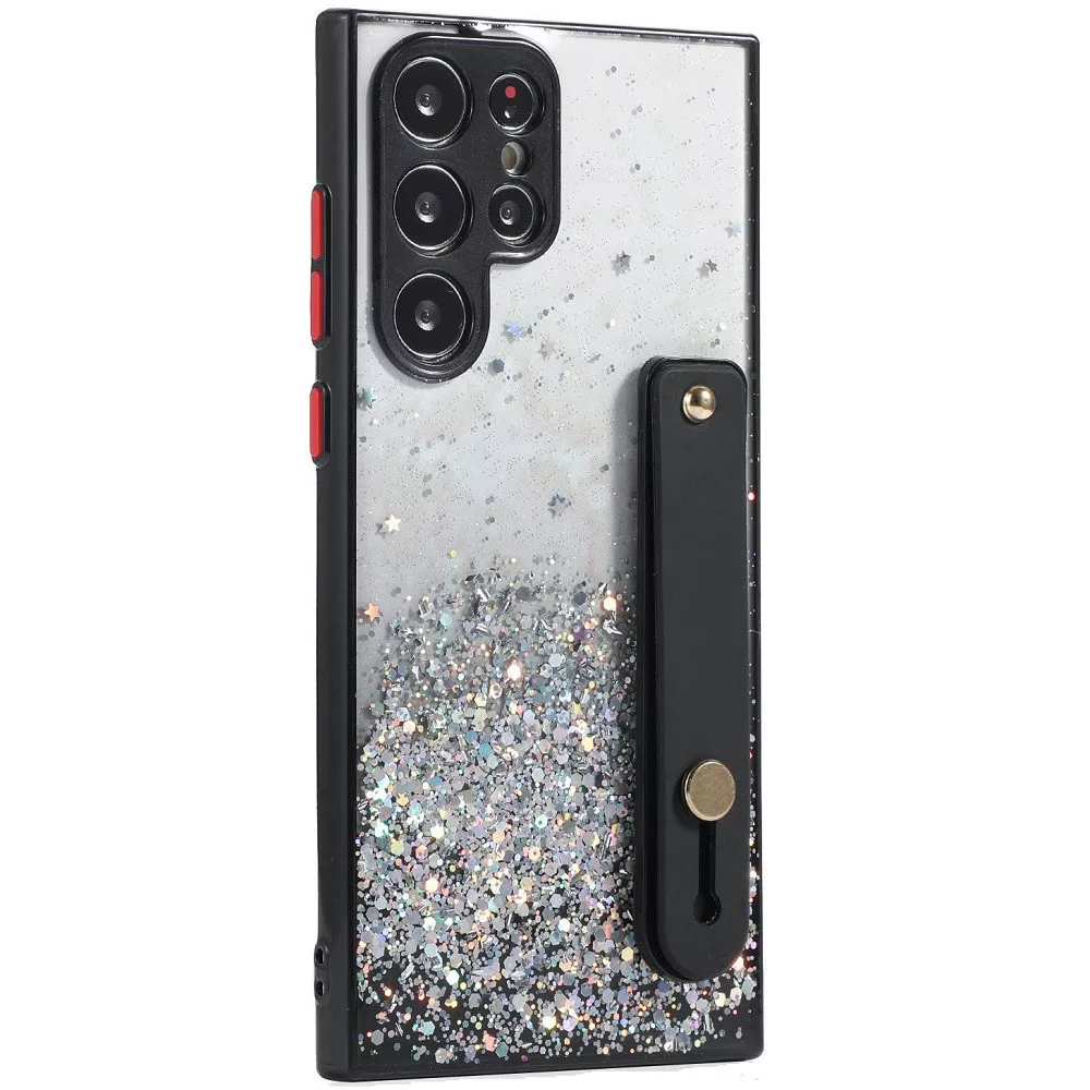 WOOZE Strap Star szilikon tok közepesen ütésálló kézpánttal Samsung Galaxy A02s / M02s színátmenetes csillogós mintás/fekete