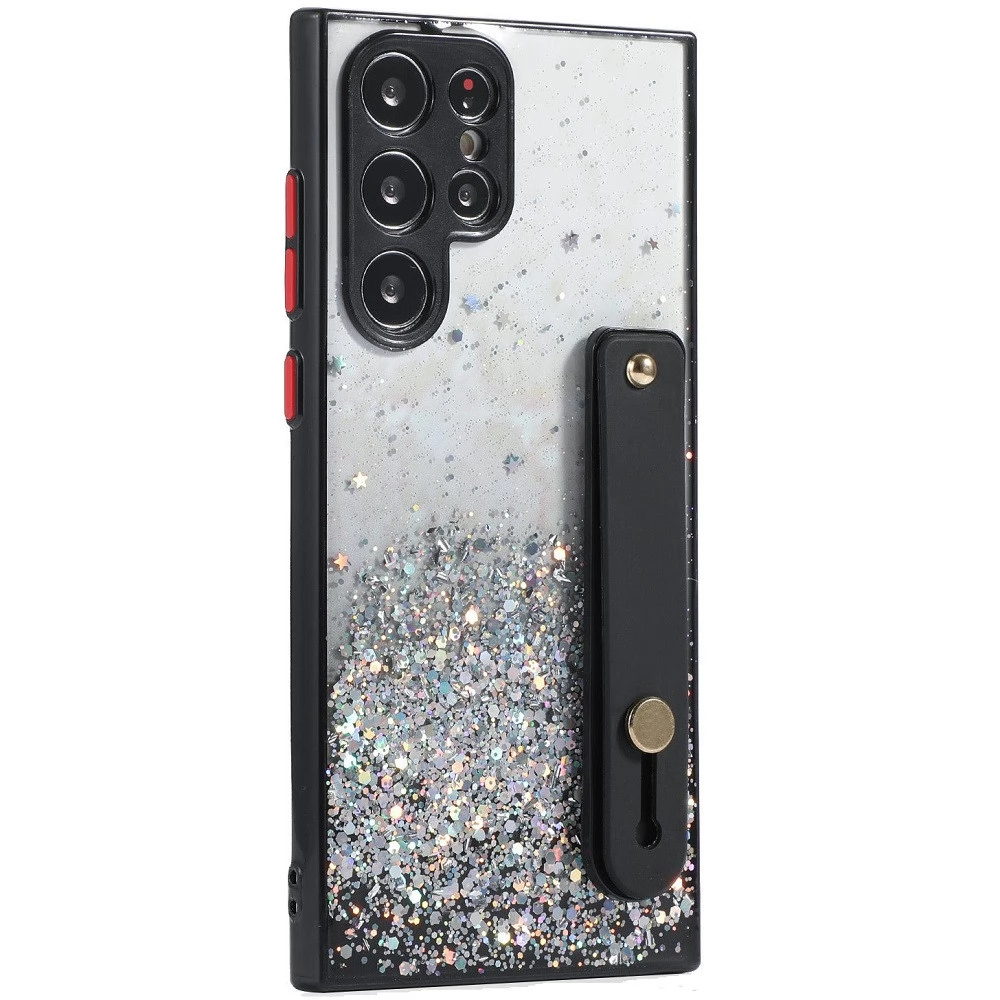 WOOZE Strap Star szilikon tok közepesen ütésálló kézpánttal színátmenetes Apple iPhone 15 Pro Max csillogós mintás/fekete