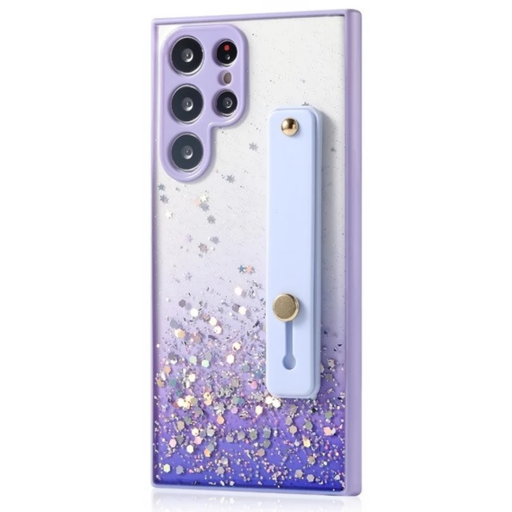 WOOZE Strap Star szilikon tok közepesen ütésálló kézpánttal színátmenetes Apple iPhone 15 Pro csillogós mintás/lila