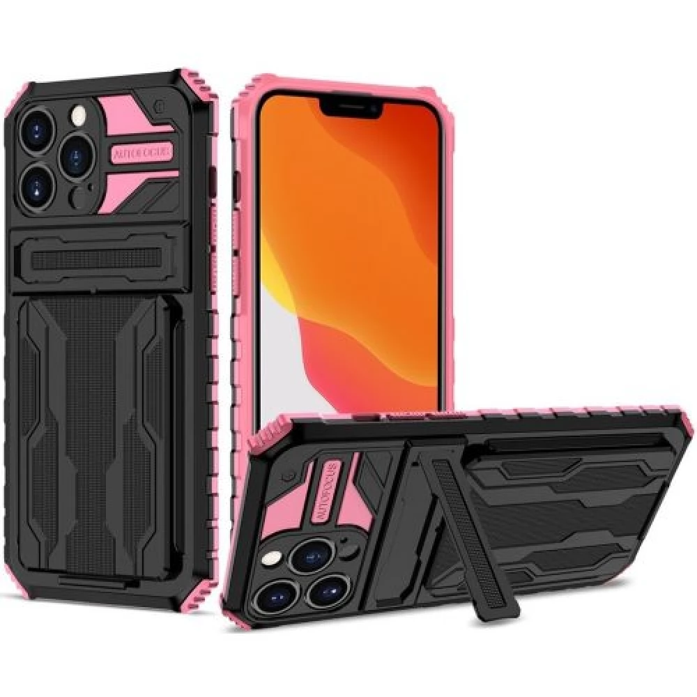 WOOZE Transformer hátlaptok kitámasztóval iPhone 15 Plus fekete-rózsaszín