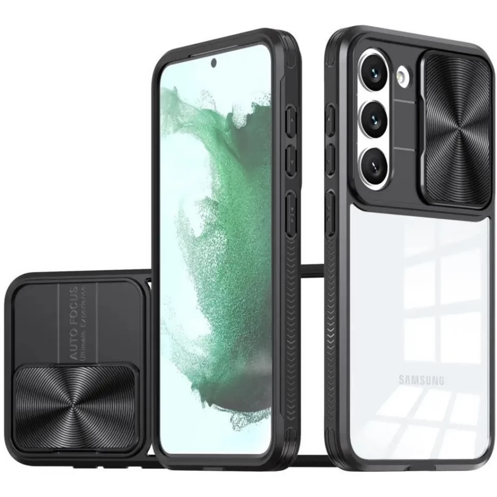 WOOZE Trendy Műanyag hátlap + szilikon keret átlátszó akril hátlap kamera védelem Samsung Galaxy S23 fekete