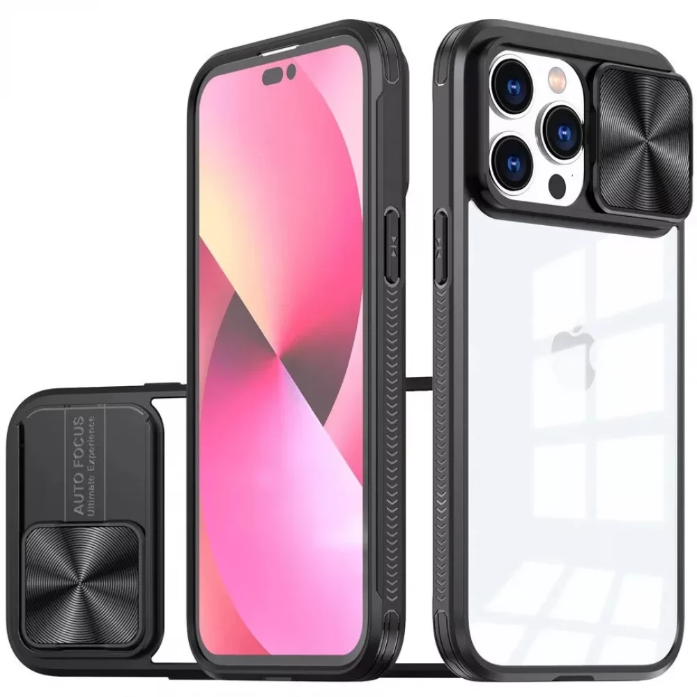 WOOZE Trendy Műanyag hátlap + szilikon keret átlátszó akril hátlap kamera védelem Apple iPhone 14 fekete